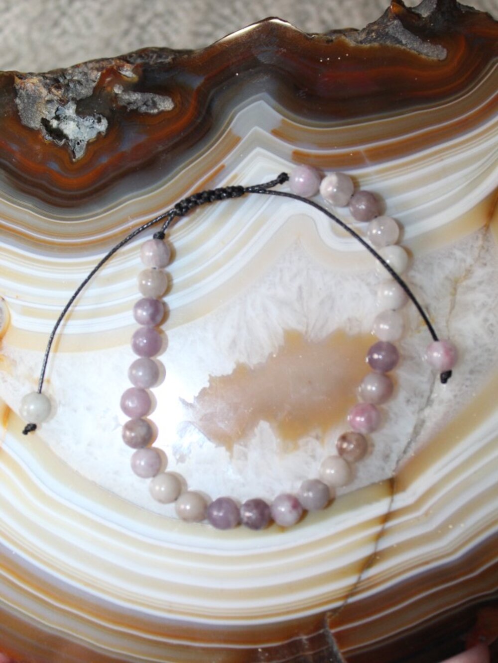 Natural Light Purplish Grey & White Stone Beaded Adjustable Cord Bracelet